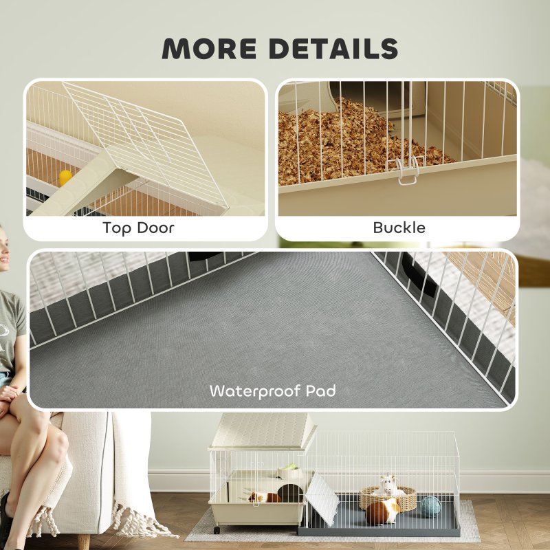 PawHut Guinea Pig Cage with Removable Pet Playpen, Waterproof Pad, Hay Feeder, Water Bottle, Food Dish, Hideaway, Balcony, Soft-Covered Ramp, Wheels, Small Animal Cage for Guinea Pig, Hedgehog