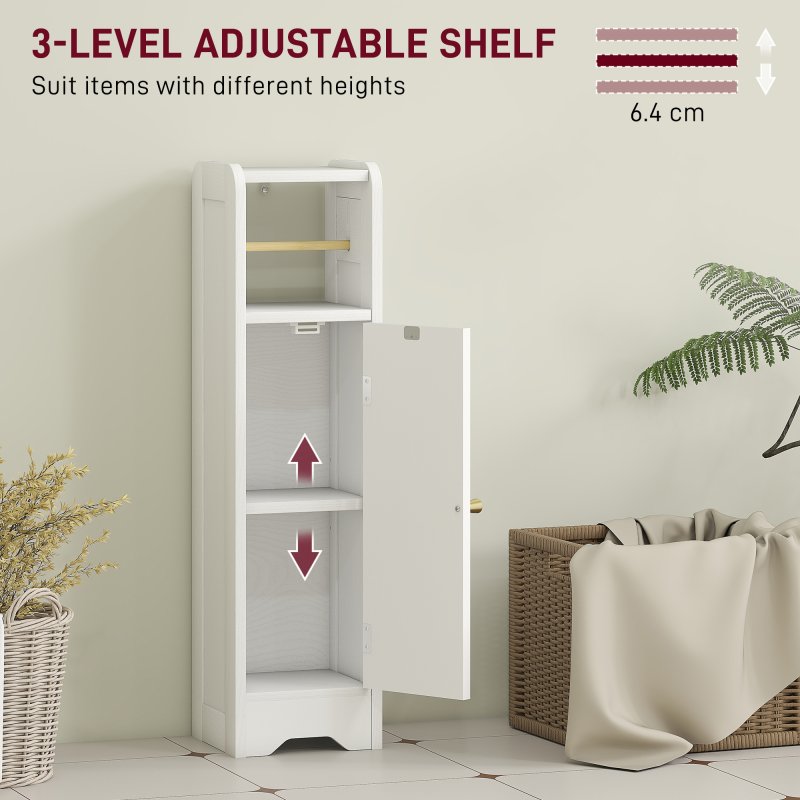 HOMCOM Small Bathroom Storage Cabinet, Freestanding Toilet Roll Holder, Slim Bathroom Cabinet with Adjustable Shelf for Small Spaces, White