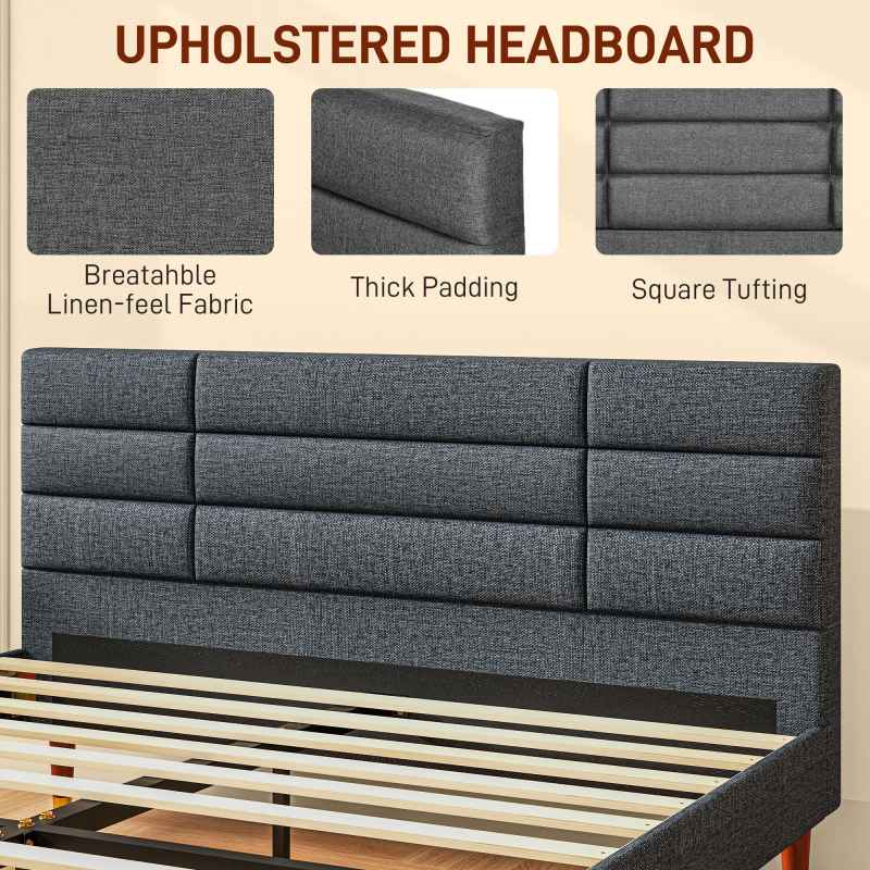 HOMCOM 5ft King Bed Frame with Underbed Storage, Upholstered Platform Bed Frame with Tufted Headboard and Wood Slat Support, No Box Spring Needed, Easy Assembly, Grey