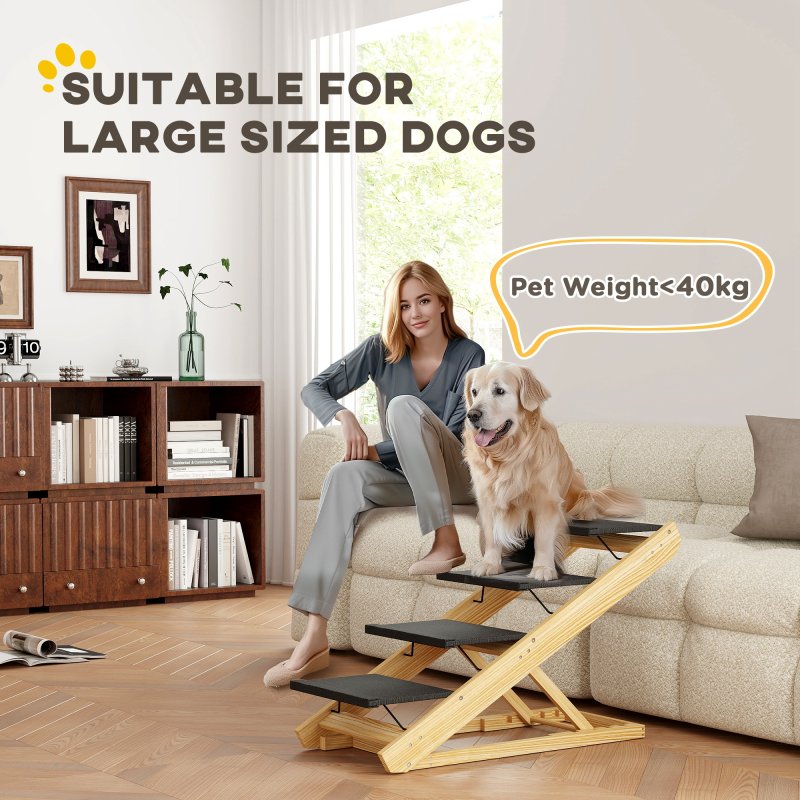 PawHut Dog Steps Dog Ramp, 4-Step Adjustable Height Pet Stairs for Large Sized Dogs, Foldable Dog Stairs for Bed Sofa, with Non-slip Surface