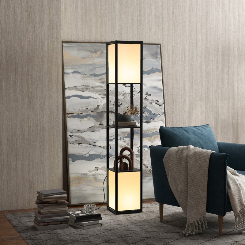 HOMCOM Floor Lamp with Shelves and Dual Light, Modern Corner Standing Lamp for Living Room, Bedroom, Bulb not Included, Black