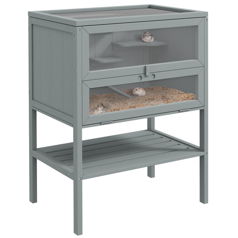 PawHut Wooden Hamster Cage with Storage Shelf, Small Animal Exercise Play House with Openable Top, for Hamsters, Gerbils, 60 x 40 x 80 cm - Grey