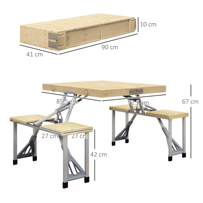 Outsunny Folding Wooden Picnic Table with Seats and Umbrella Hole, Aluminium Frame Portable Camping Table and Chairs Set, for Patio, Yard, Porch and Garden