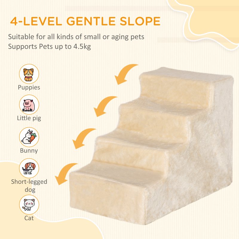 PawHut Dog Steps for Sofa, 4 Steps Dog Stairs, Pet Stairs, with Washable Plush Cover, for Small Breeds, Cats - Beige
