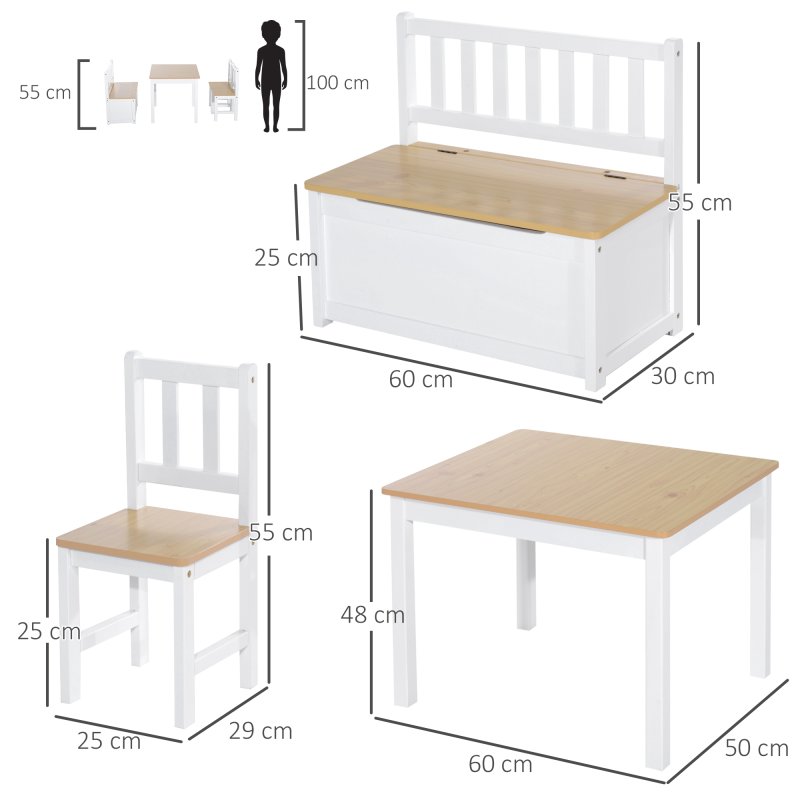 HOMCOM 4-Piece Kids Table and Chair Set with 2 Wooden Chairs, 1 Storage Bench, and Interesting Modern Design, Beige/White