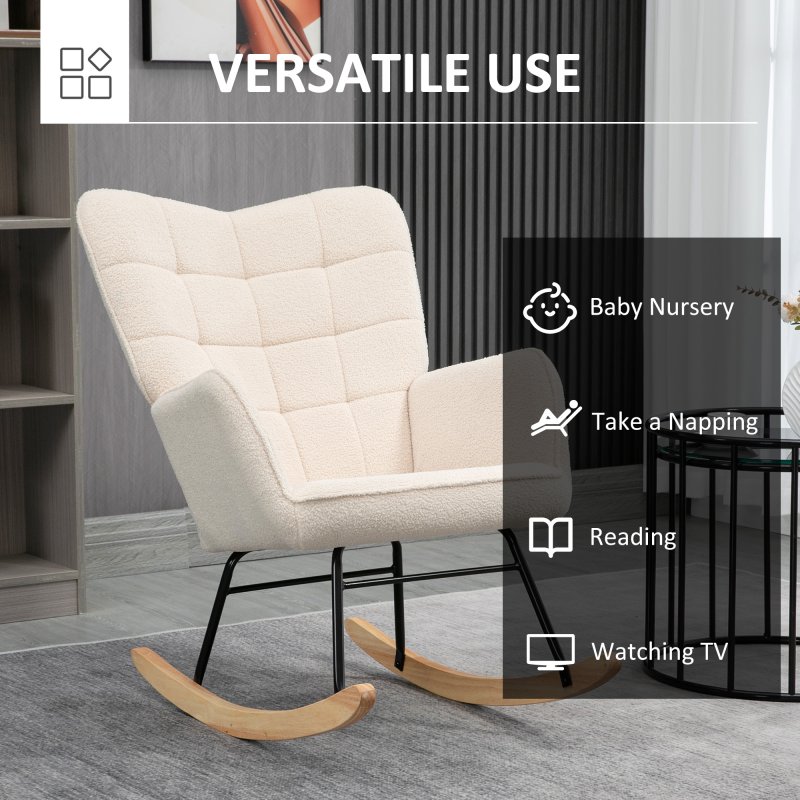 HOMCOM Wingback Rocking Chair with Wooden Base, Fleece Glider Rocker for Nursing, Modern Armchair - Beige