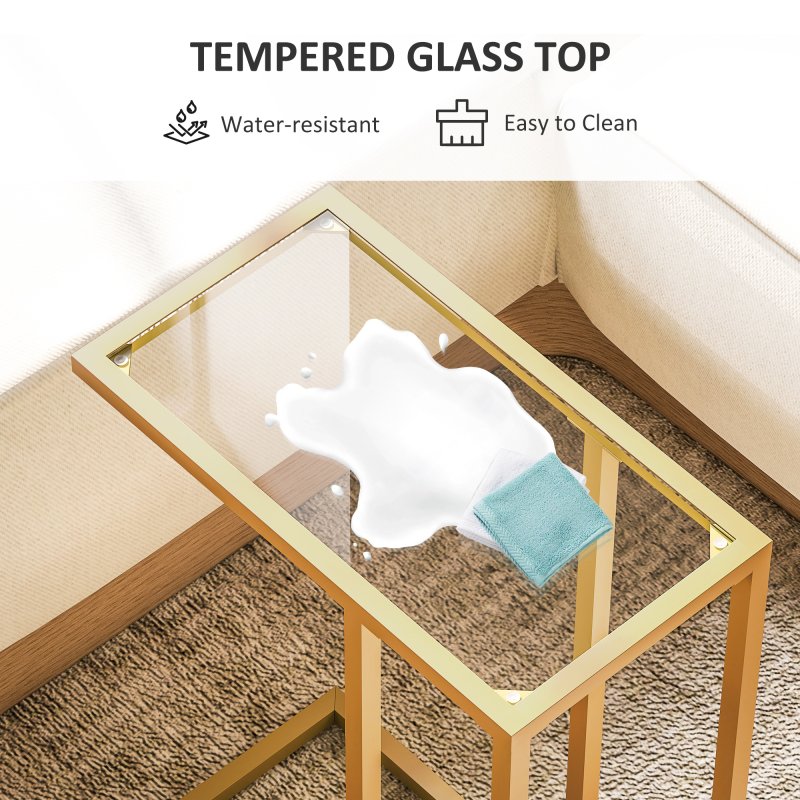 HOMCOM C-Shaped Side Table, Modern Slim End Table with Tempered Glass Tabletop, Steel Frame for Small Space, Living Room, Bedroom, Gold Tone