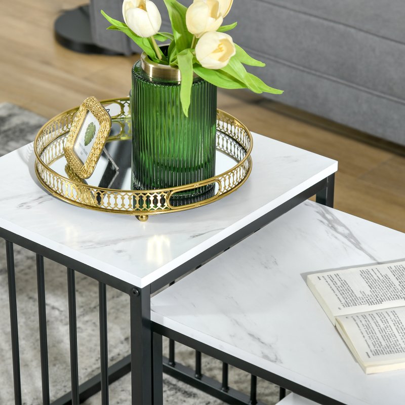 HOMCOM Modern Coffee Table Set of Two, Marble-Effect Nesting Side Tables with Steel Frame for Living Room