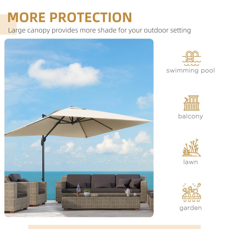 Outsunny 2.7 x 2.7 m Cantilever Parasol, Square Overhanging Umbrella with Cross Base, Crank Handle, Tilt, 360 Rotation and Aluminium Frame, Cream White