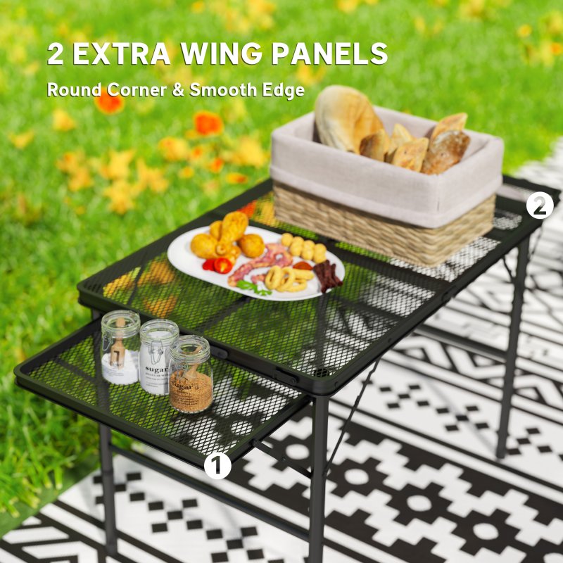 Outsunny Folding Grill Table, 4.5ft Portable Camping Table with 2 Wing Panels, Height Adjustable Metal Picnic Table for Camping, Picnic and BBQ, Black
