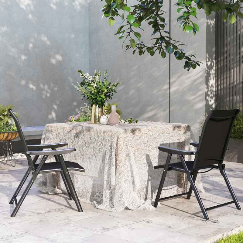 Outsunny Set of 2 Folding Chair, Garden Chair Set with Breathable Mesh Back and Seat, Outdoor Camping Chairs with Armrests, Steel Frame for Deck Balcony, Black