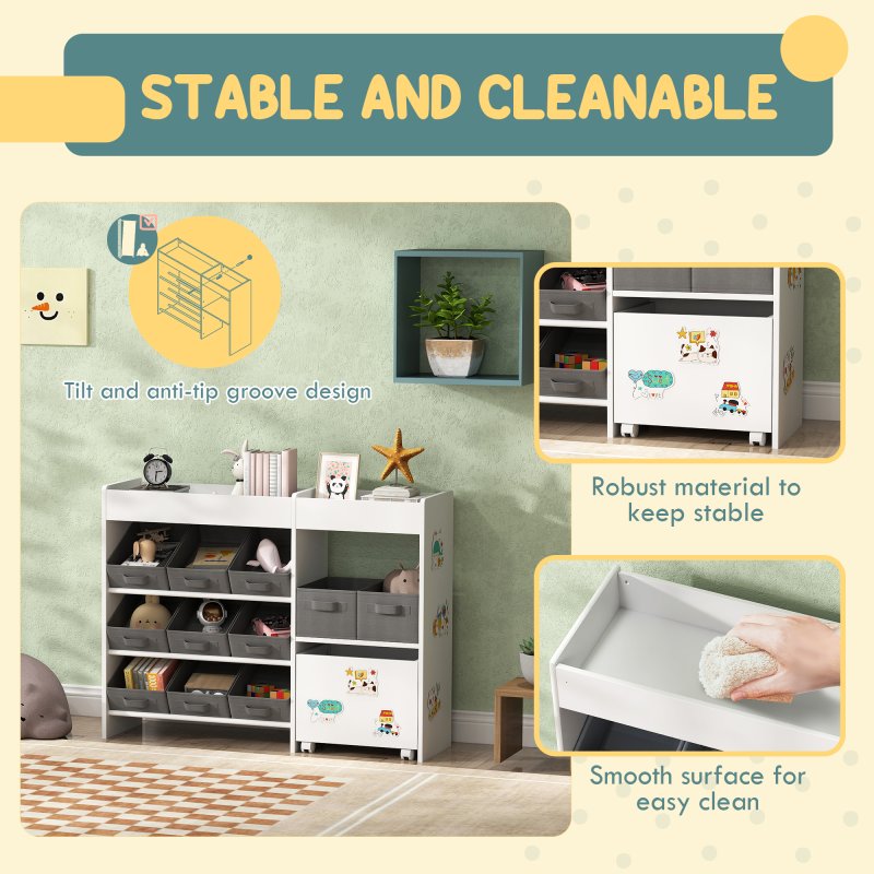 AIYAPLAY Kids Toy Storage Unit, Children Toy Box Organiser with 11 Fabric Bins, Cabinet, Top Shelves, 3 Stickers, Kids Storage Unit Bookshelf for Nursery, Playroom, Kindergarten, White