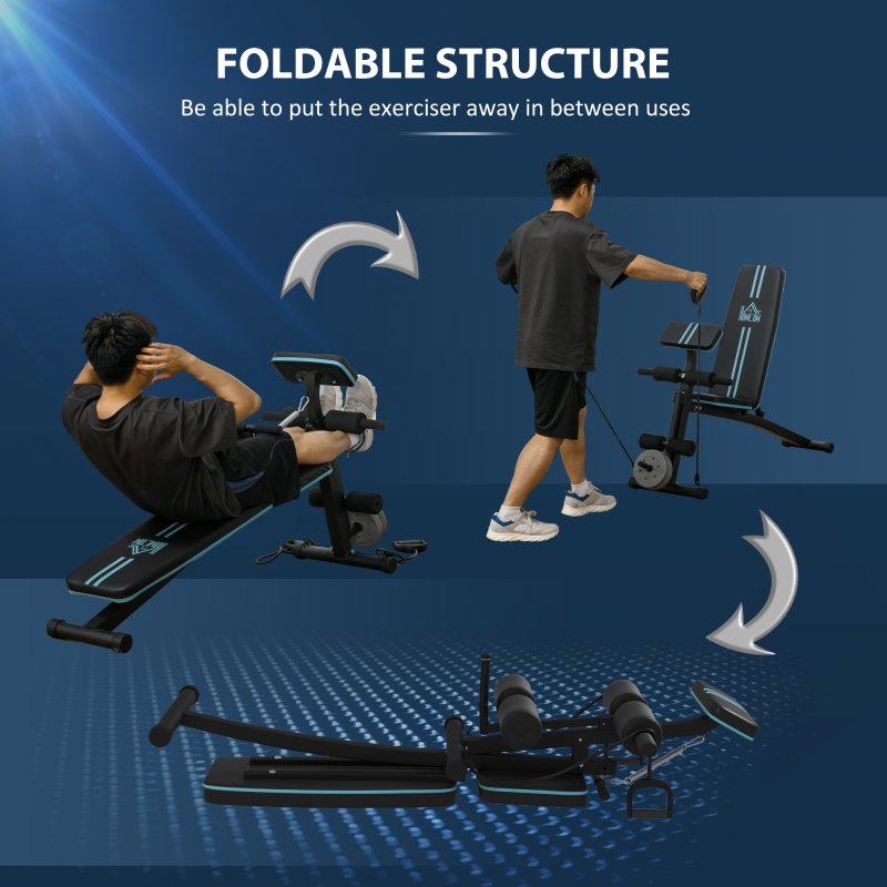 HOMCOM Foldable Weight Bench, Strength Training Sit Up Bench, Incline Decline Bench with 7-Level Backrest, Leg Extension Machine, Preacher Pad and Resistance Band for Home Gym Workout, Blue