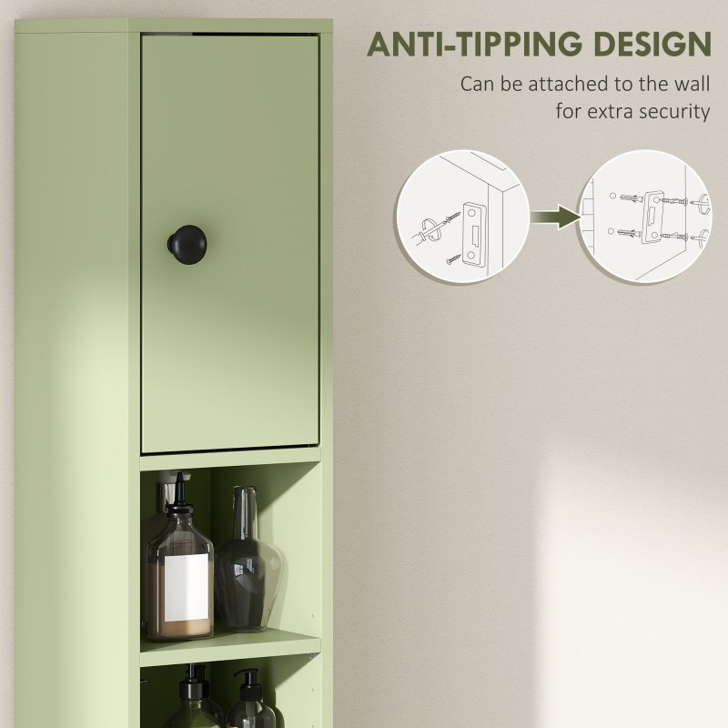 kleankin 180cm Tall Bathroom Cabinet, Slim Bathroom Storage Cabinet with 4 Open Shelves, 2 Door Cupboards and Adjustable Shelves, Green