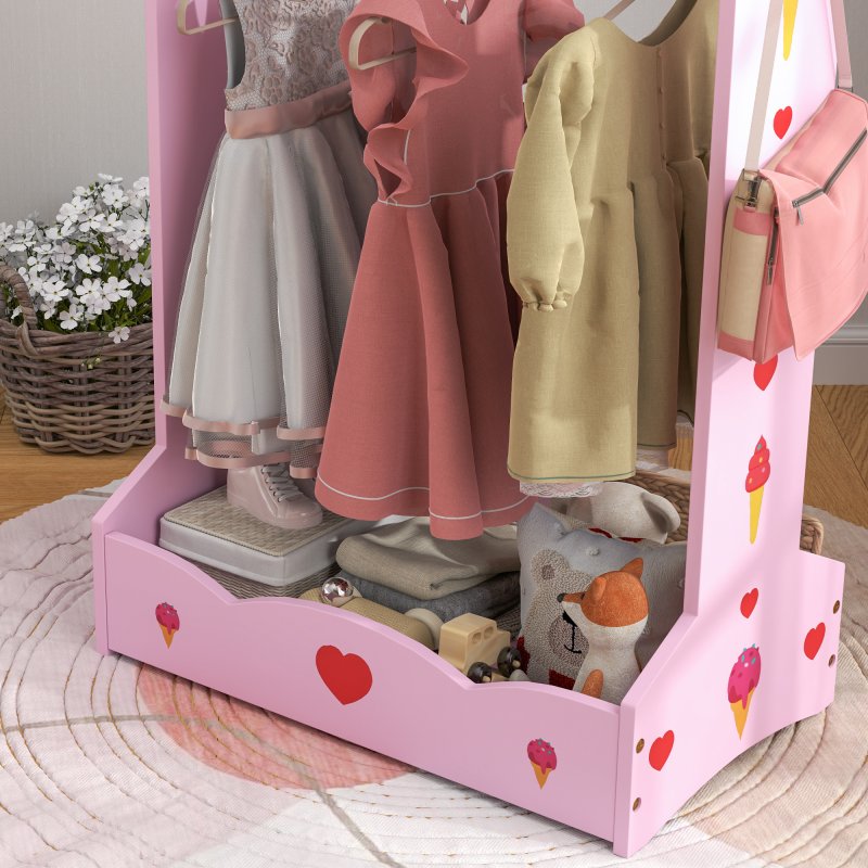 AIYAPLAY Kids Clothes Rail, Dress Up Rail with Top, Bottom Storage Shelves, for Bedroom, Kids Room, Nursery, 70 x 37 x 103cm, Hot Pink