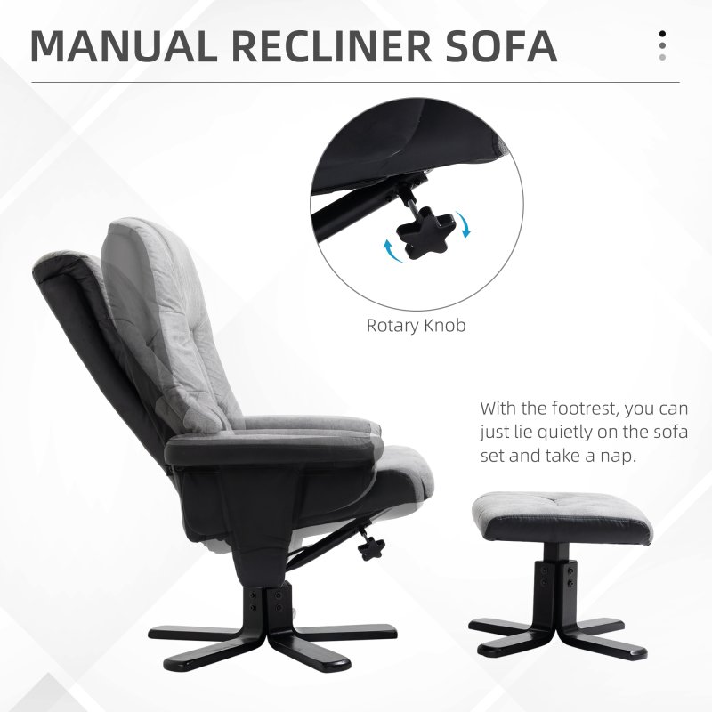 HOMCOM Recliner Chair With Footstool, Swivel Lounge Armchair, 135° Reclining Chair With Soft Padded Seat and Armrest For Living Room, Bedroom, Grey
