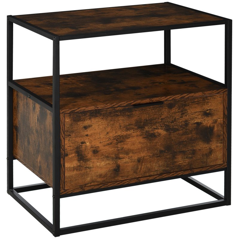 HOMCOM Industrial-Style Side Table w/ Drawer Open Shelf Steel Frame Large Base Two-Tone Retro Stylish Home Furniture Bedroom Living Room