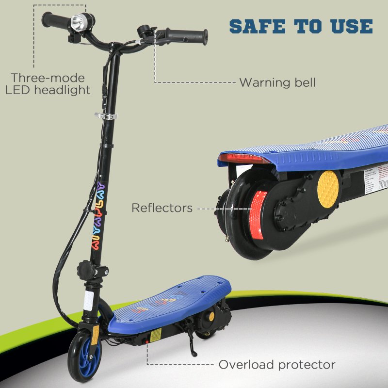HOMCOM 120W E-Scooter Folding Electric Scooter with 12km/h Maximum Speed, Three Mode LED Headlight, Adjustable Height, Warning Bell, for Ages 7-14 Years - Blue