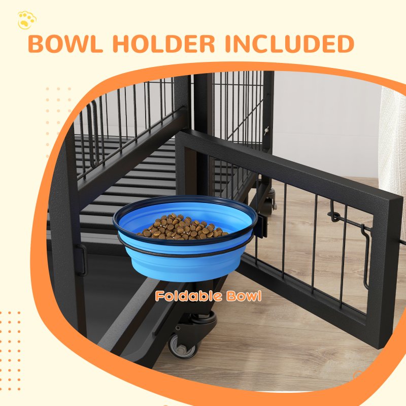 PawHut 48" Heavy Duty Dog Crate with Bowl Holder, Dog Cage on Wheels with Removable Tray, Openable Top, Detachable Door, Indoor Outdoor Use, for Large and Extra Large Dogs - Black