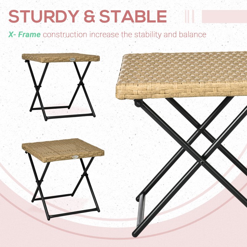 Outsunny Folding Rattan Garden Coffee Table, Small Square Outdoor Bistro Side Table with Rattan Top for Patio, Balcony, Porch, 40 x 40 x 40 cm, Natural