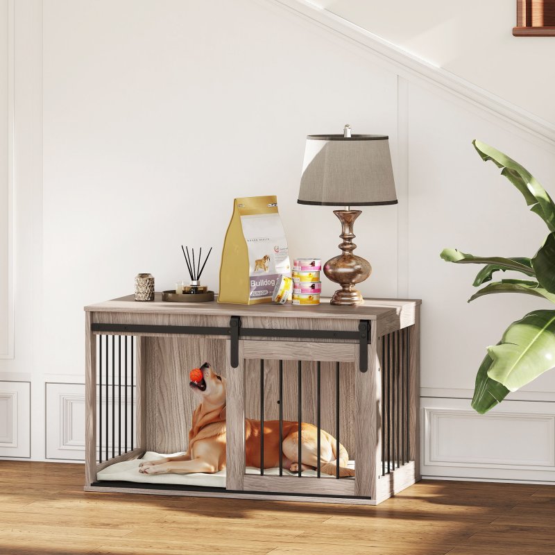 PawHut Dog Crate Furniture, Dog House Furniture Style for Large Breeds, Pet Kennel with Removable Cushion for Indoor Use, 98 x 58 x 61cm, Brown