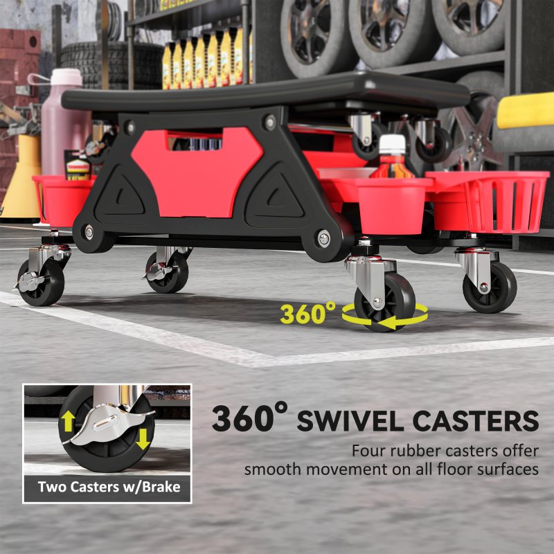 HOMCOM Rolling Mechanic Stool, 135kg Capacity Workshop Stool with 360 Swivel Wheels, Roller Creeper Seat with Slide Out Tool Trays, Drawer, Bottle Holders for Garage, Shop, Auto Repair, Red