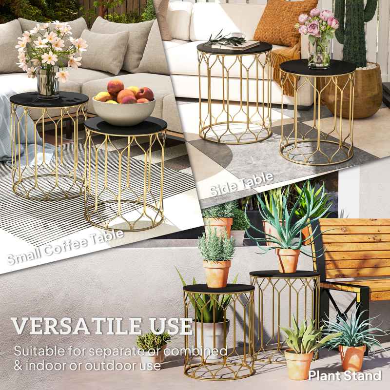 Outsunny Garden Side Table Set of 2, Nesting Tables with Ceramic Tile Top, Indoor Outdoor Small Garden Tables, Multifunctional End Tables with Metal Frame for Patio, Balcony, Porch, Black