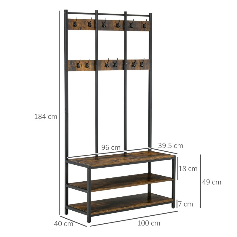 HOMCOM Coat Rack Stand, Free Standing Hall Tree, Coat Stand with Hooks, Bench and Shoe Rack, 100cm x 40cm x 184cm, Industrial Style, Rustic Brown and Black