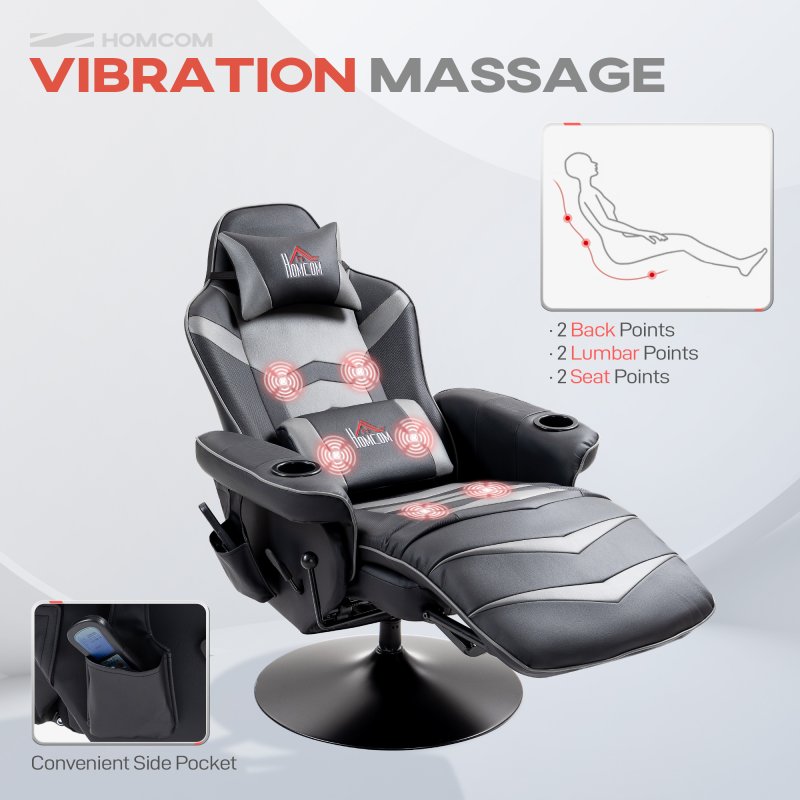 HOMCOM Massage Recliner Chair with Remote, PU Leather Recliner Armchair with Cup Holders and Side Pockets, Racing Style Reclining Chair with Headrest, 360° Swivel, Lumbar Support, Grey