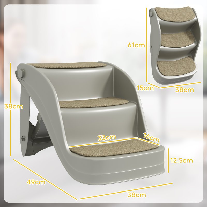 PawHut Foldable Pet Stairs Portable Dog Steps 3-Step Design with Non-slip Mats for High Beds, Sofas, 49 x 38 x 38 cm, Grey