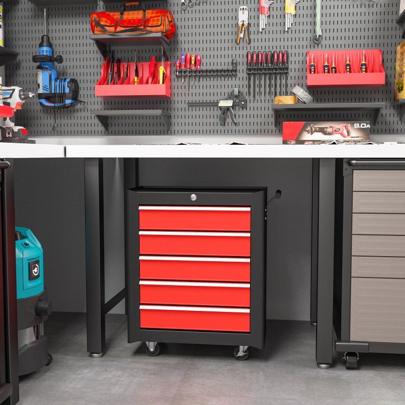 HOMCOM Steel 5-Drawer Tool Storage Cabinet Lockable with Wheels Handle 2 Keys Garage Equipment Trolley Home Work DIY Workshop Chest Red