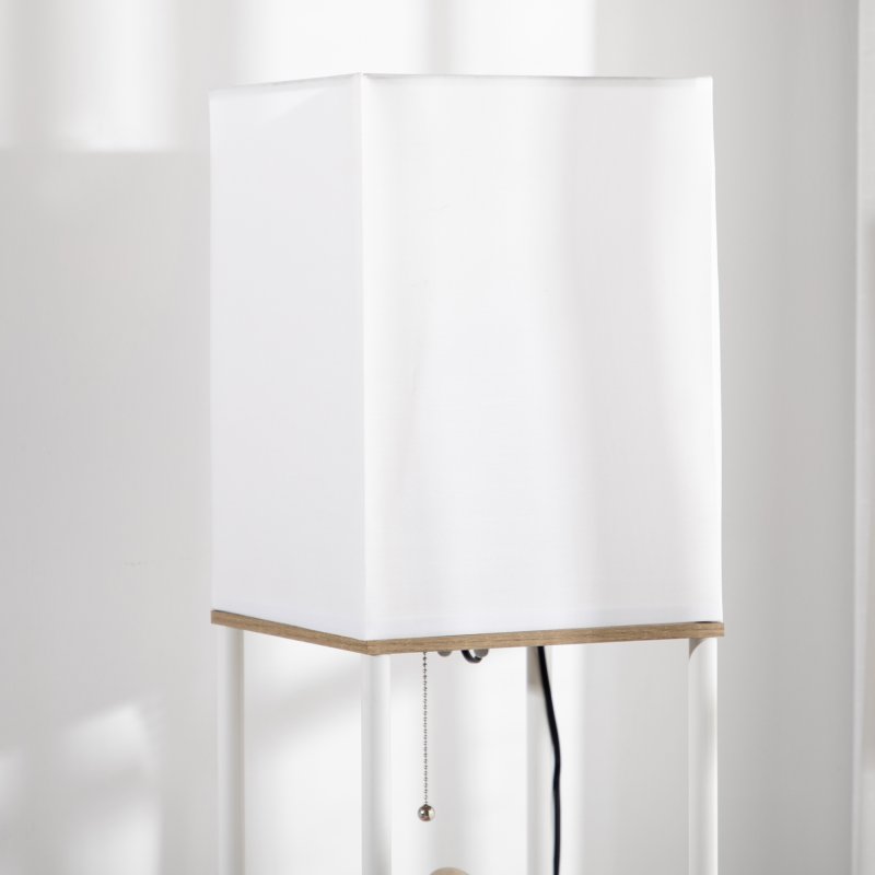 HOMCOM Modern Floor Lamp with Shelves, 3 Layer Shelf Tall Standing Lamp with Fabric Lampshade, Pull Chain Switch for Living Room, Bedroom, Bulb not Included, White