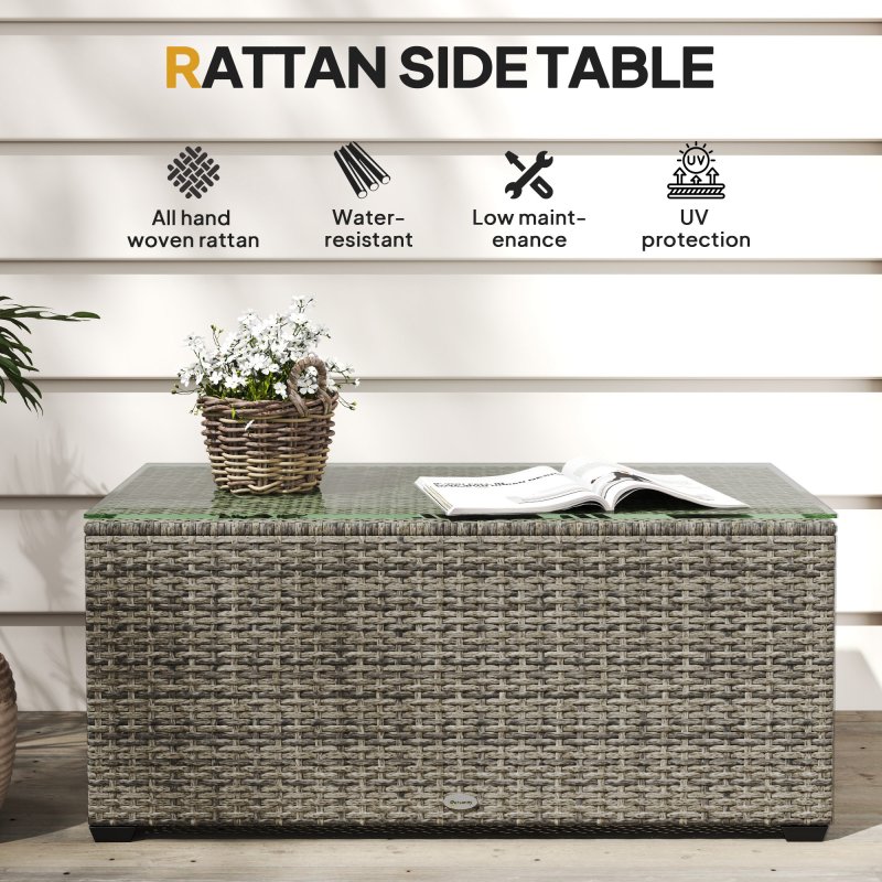 Outsunny Outdoor Coffee Table, PE Rattan Side Table with Tempered Glass Top, Wicker Rectangular Garden Coffee Table End Table with Steel Frame for Patio, Balcony, 90 x 50 x 38cm, Dark Grey