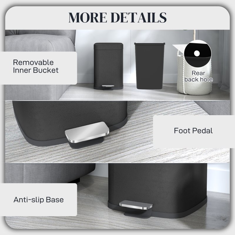 HOMCOM 12 Litre Pedal Bin, Fingerprint Proof Kitchen Rubbish Bin with Soft-close Lid, Foot Pedal and Removable Inner Bucket for Recycling and Waste