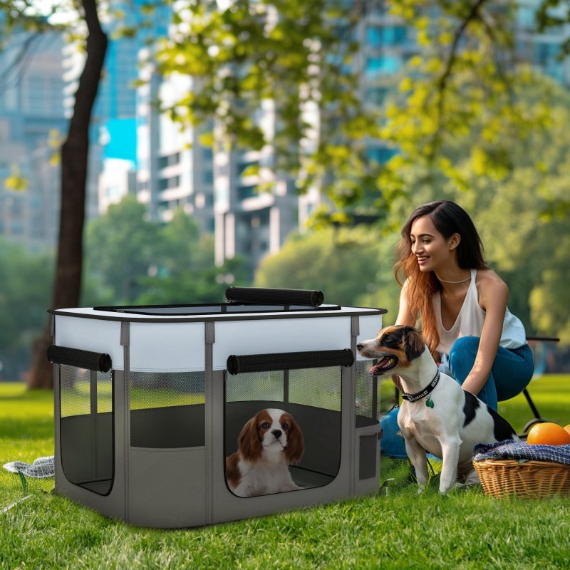 PawHut Dog Pen, Pet Playpen, Portable Foldable Dog Cat Playpen Soft Pet Cage with Storage Bag for Puppies, Rabbits, Kittens, Guinea Pigs, 84 x 64 x 53cm - Grey