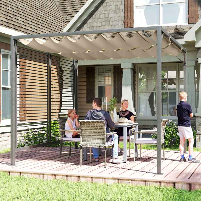 Outsunny 2.8 x 3(m) Metal Outdoor Pergola with Retractable Roof, Outdoor Gazebo Canopy Shelter with Grommet Holes for Garden, Patio, Lawn, Beige