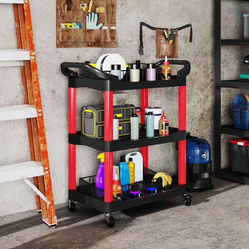 HOMCOM 3-Tier Rolling Tool Cart, Tool Trolley on Wheels, Plastic Mobile Service Utility Cart with Handles for Garage, Mechanics and Warehouse, 91kg Capacity, Black and Red