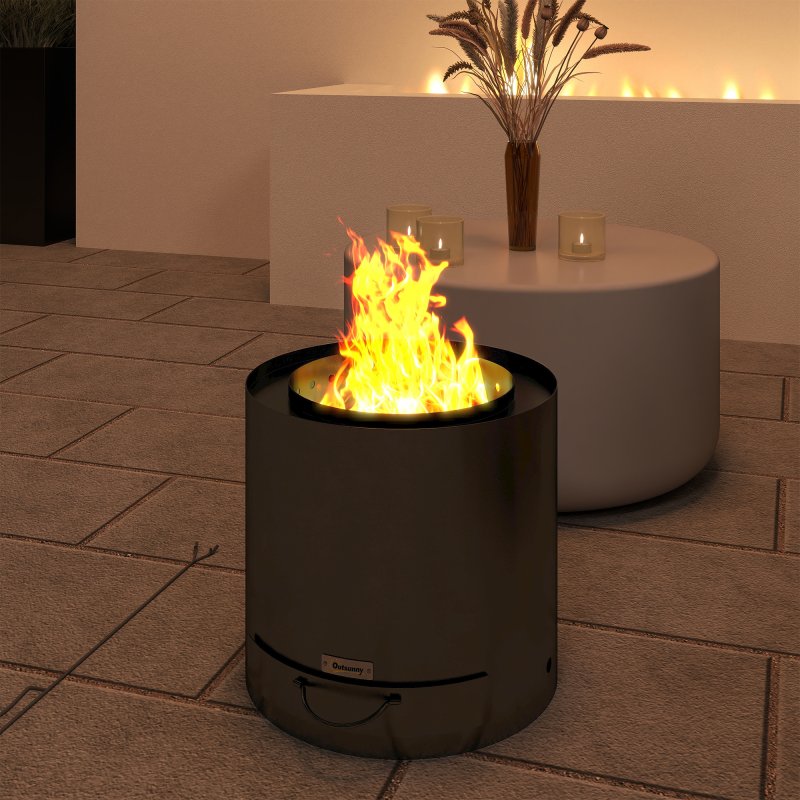Outsunny Outdoor Round Fire Pit with Ash Tray, Wood Burning Firepit with Fire Poker for Patio Bonfire BBQ Camping, Black