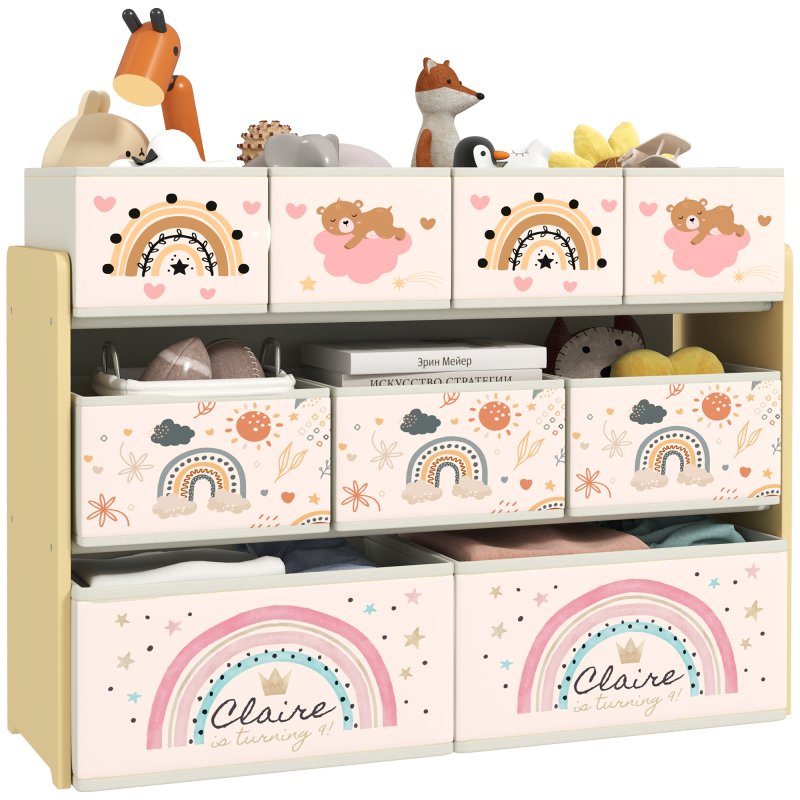 AIYAPLAY Kids Toy Storage Unit, 3-Tier Toy Organiser Shelf with 9 Non-Woven Fabric Boxes for Toys, Books, Dinosaur-Style Toy Storage Organiser for Bedroom, Nursery, Yellow