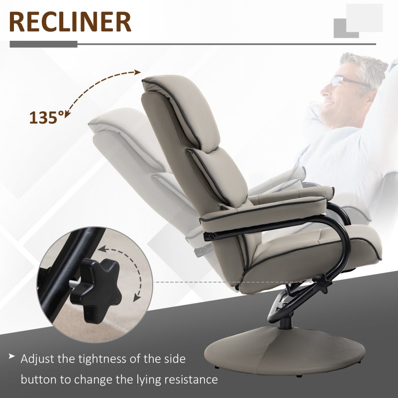 HOMCOM Recliner Chair with Ottoman 360 Degree Swivel Faux Leather High Back Armchair Lounge Seat w/ Footrest Stool, 135 degree Adjustable Backrest and Thick Foam Padding for Home Office Living Room