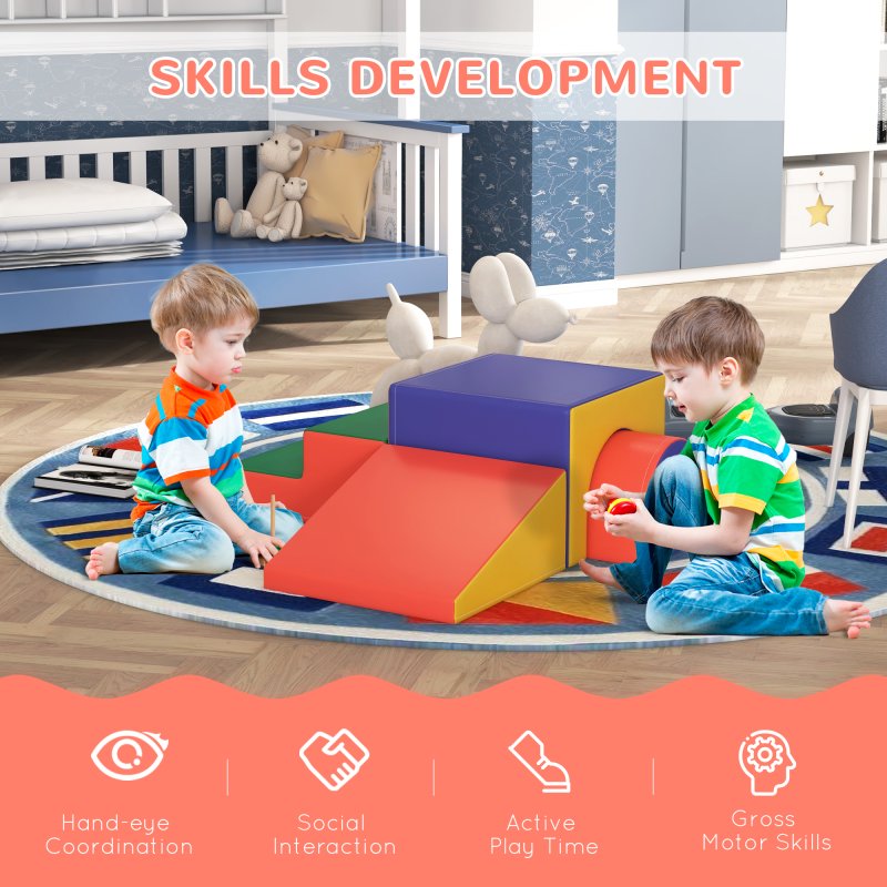 HOMCOM Baby Soft Play Set, 4 Piece Soft Play Equipment for Toddlers 12-36 Months, Climb and Crawl Foam Play, Kids Activity Play Toy, Red