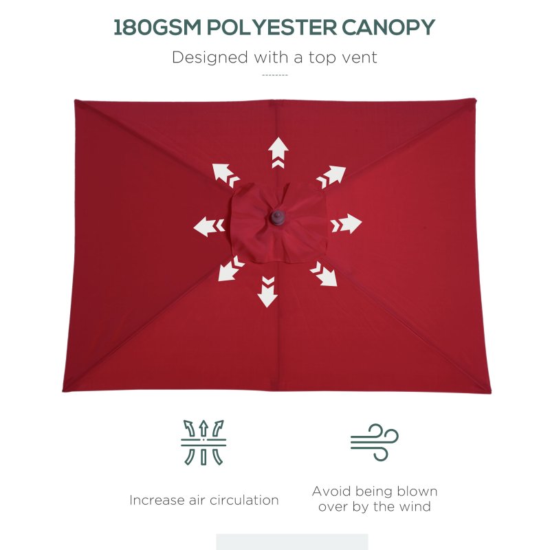 Outsunny 2m x 1.5m Garden Parasol Umbrella with Tilting Sunshade Canopy, Outdoor Market Table Umbrella with Wood and Bamboo Frame, Wine Red