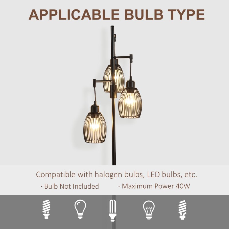 HOMCOM 3-Light Floor Lamp, 170cm Industrial Dimmable Standing Lamp with Steel Wire Cage Lampshades for Living Room, Bedroom, Dining Room, Study, Black