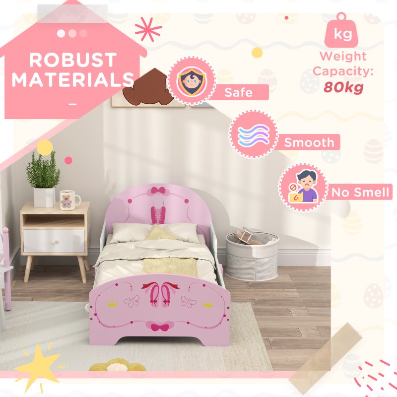AIYAPLAY Toddler Bed Frame, Kids Bed with Safety Rails, Ballet Theme Kids Bedroom Furniture, for 3-6 Years, Pink