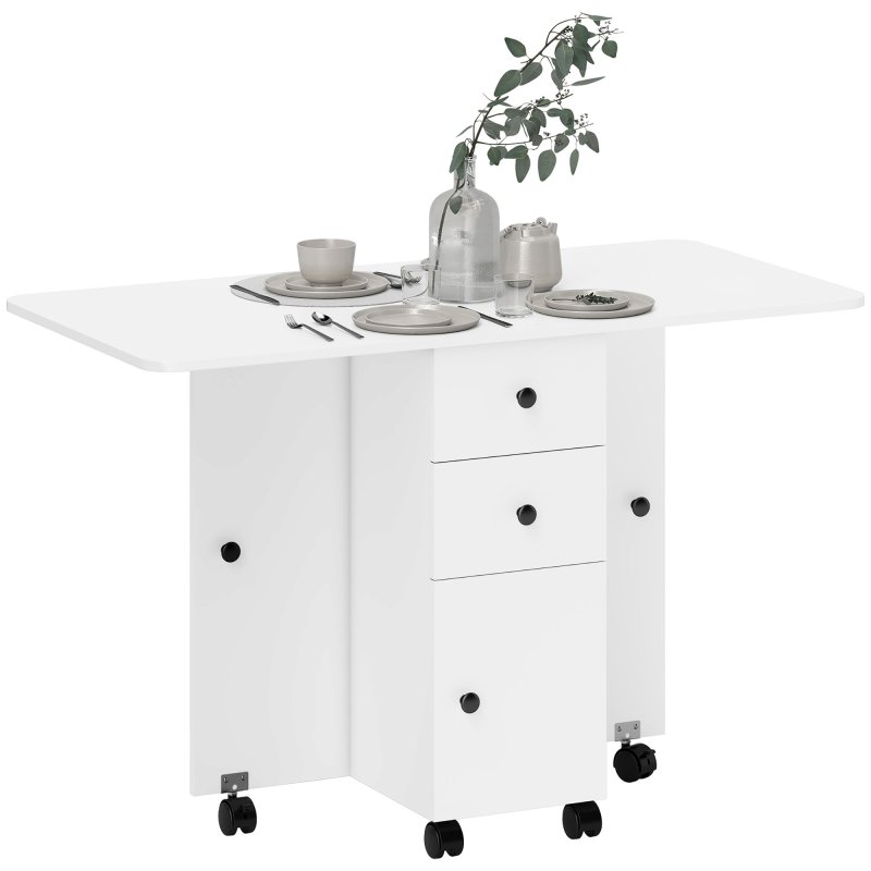 HOMCOM Folding Dining Table for 4-6, Rolling Drop Leaf Table on Wheels with Storage Drawers, Cabinet and Open Shelf for Kitchen, Dining Room