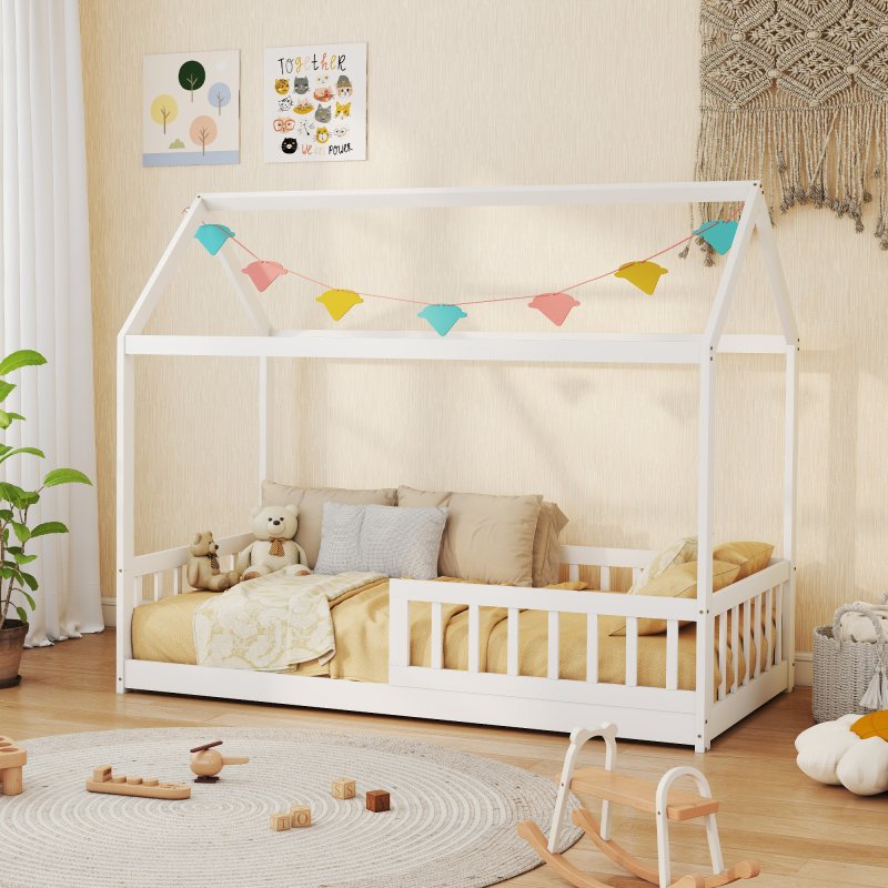 HOMCOM House-Shaped Kids Bed Frame, Solid Pine Wood Single Bed Frame with Safety Fence for Kids Boys and Girls, White
