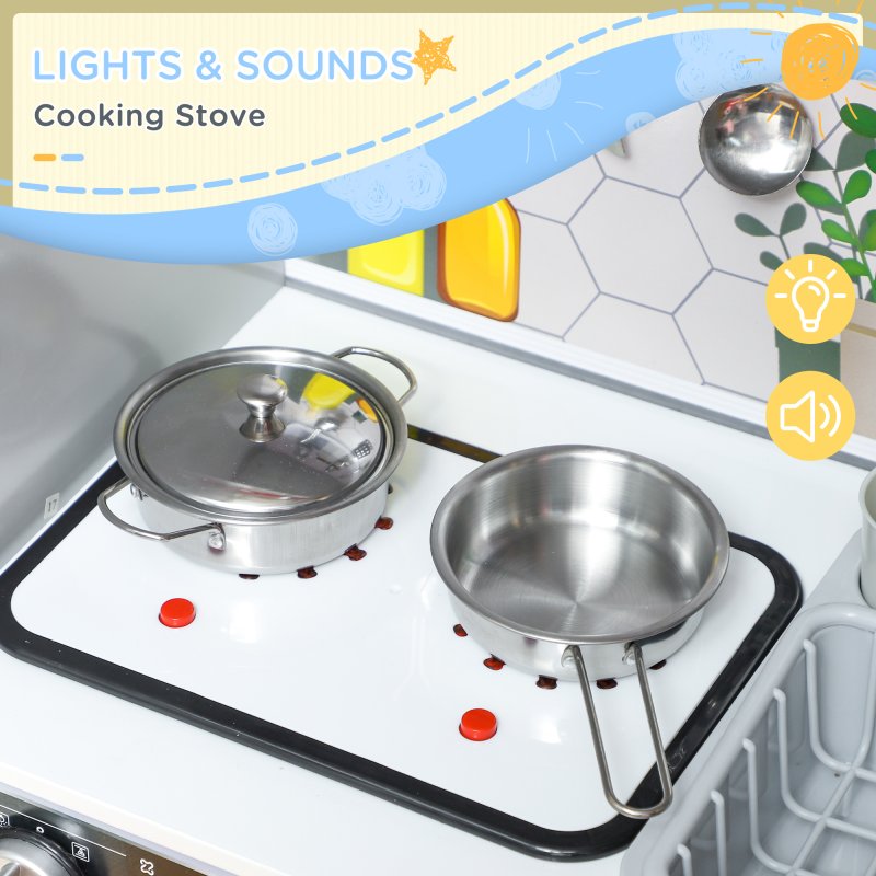 AIYAPLAY Play Kitchen, Pretend Toy Kitchen, Kids Kitchen Playset with Sounds and Lights Cooking Stove, Running Water, Coffee Maker Refrigerator, Microwave, Kitchen Accessories