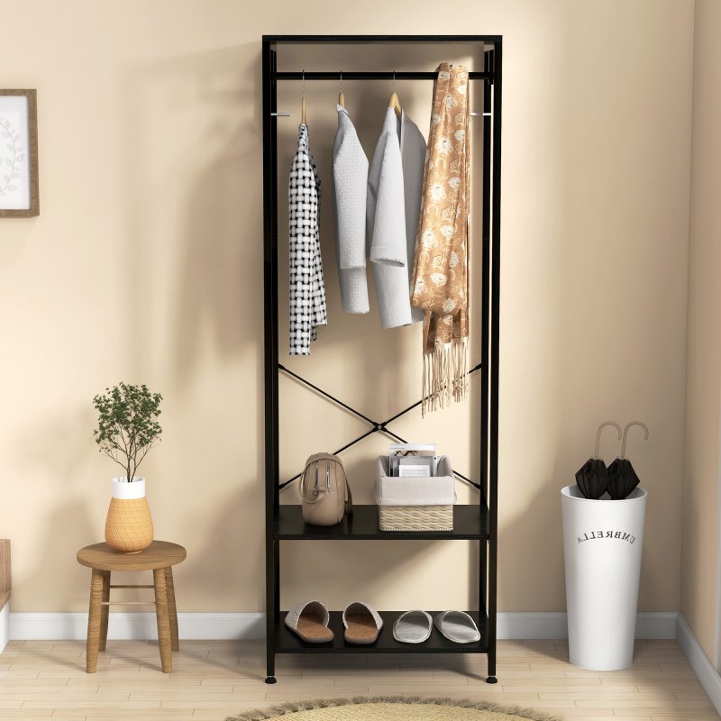 HOMCOM Coat Rack, 2-in-1 Clothes Stand with Shoe Storage, 168cm Free Standing Hall Tree with Hanging Rail and 2 Storage Shelves for Hallway, Entryway, Bedroom