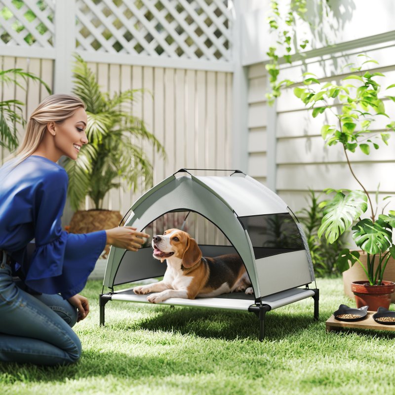 PawHut Elevated Dog Bed with Removable Canopy, Portable Cooling Raised Pet Cot with Breathable Mesh, Storage Bag, for Indoor Outdoor Use, for Small Medium Dogs, 76 x 61 x 70 cm, Light Grey
