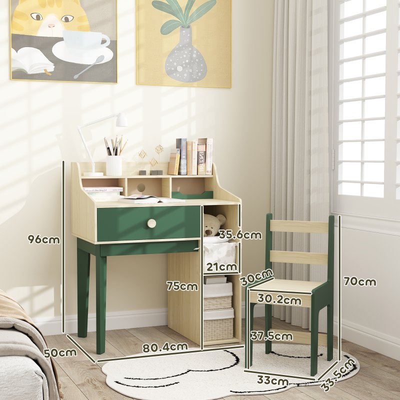 AIYAPLAY Kids Desk and Chair Set, Children Study, Table and Chair Set with Storage Shelves, Drawer, Kids Table and Chair Set for 3-10 Years, Green